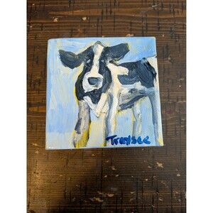 original 4x4 inch acrylic painting of a cow on canvas, daily painting, mini art